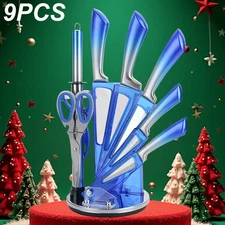 Kitchen Knife Set with Block and Sharpener 9 Pcs Sharp Knives Meat Cleaver Set