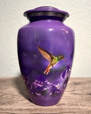 Urn Purple and Hummingbird for Adult Human Ashes Aluminum 10”
