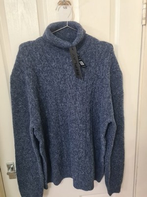 REPLAY Men's XL Turtleneck Sweater Blue Cable Knit Wool Blend Roll Neck New