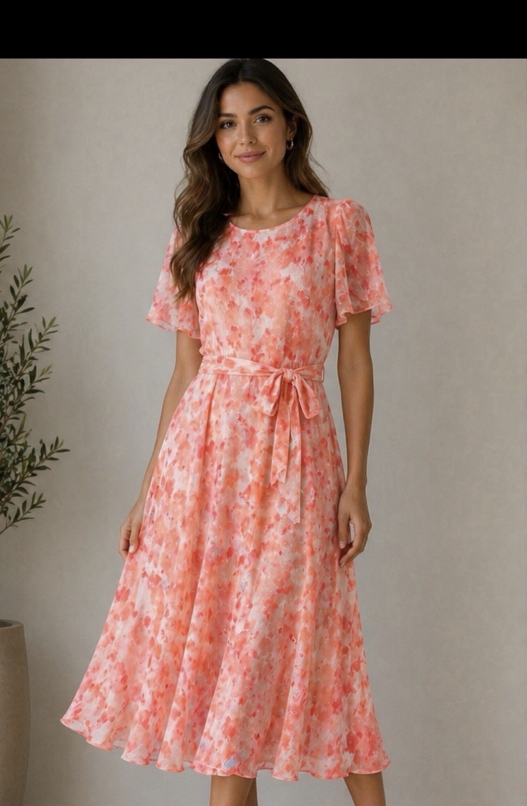DKNY Pink Orange Floral Midi Dress Round Neck Belted Ruffle Flutter Sleeve 8