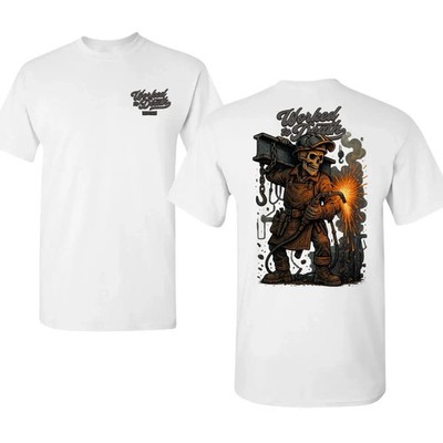 Worked to Death Workman Shirt, Skeleton Welder Graphic Tee, Funny Blue Collar