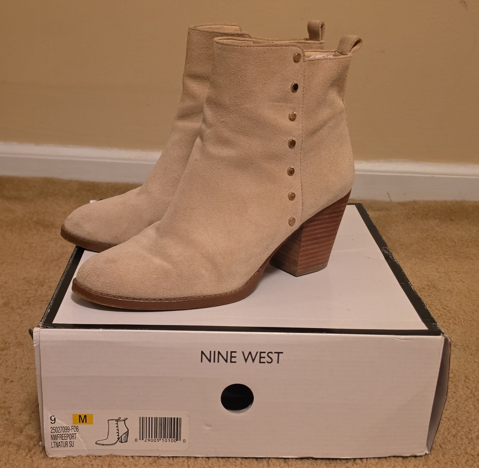 Nine West Women's Beige Suede Ankle Bootie Round Toe Zip Studded, US 9 M
