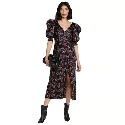 Cinq A Sept Tumbled Daisy Kacy Wrap Dress Raspberry Size 4 Puff Sleeve $425