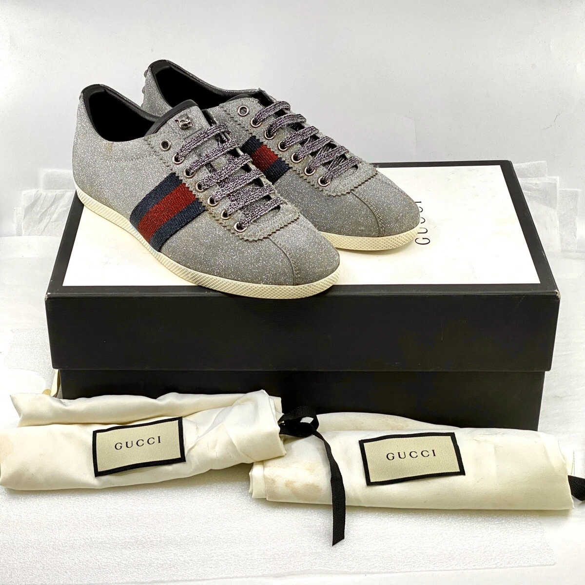 Baskets basses Gucci Bambi Web paillettes argent chaussures États Unis pour hommes 7 (LO1007832)