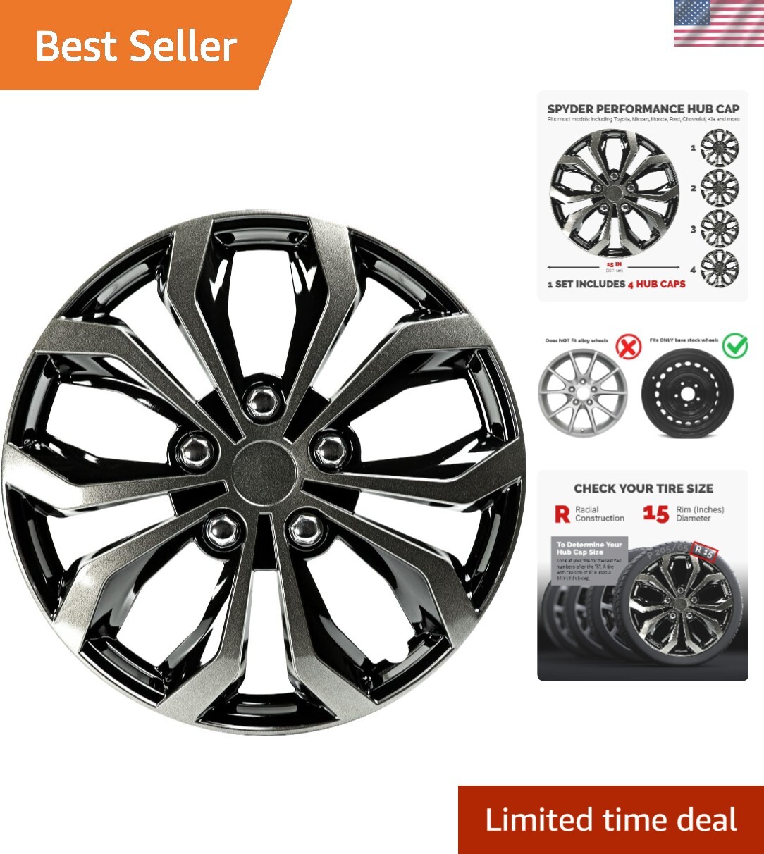 15 Inch ABS Black Gunmetal Universal Wheel Covers - Set of 4