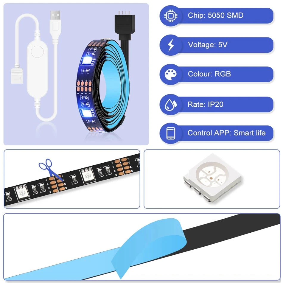 5050 RGB LED Strip 5V Tuya WiFi APP Smart Controller TV Background Decoration - Image 3 of 4