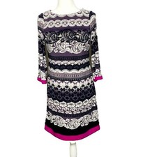 Eliza J Dress Womens Size 4 Black White Stripes Hot Pink Trim 1/4 Sleeve Lined