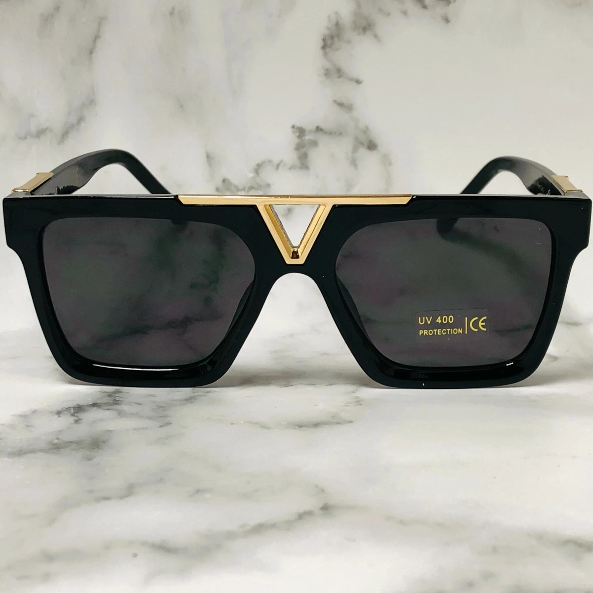 Sunglasses Men Designer Fashion Gold Metal Bar Dark Black Lens