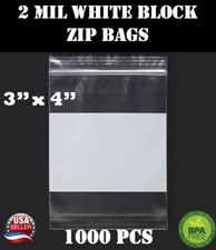 1000 3"x 4" Zip Seal Reclosable 2Mil Plastic Top Lock Bags White Block Jewelry