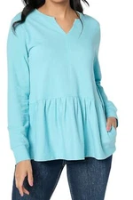 LOGO Life Lori Goldstein Women's Split Neck Long Slv Slub Top Blue