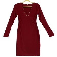 Yilun Mei Women’s Ribbed Long Sleeve Looped V-Neck Midi Dress Wine Size S