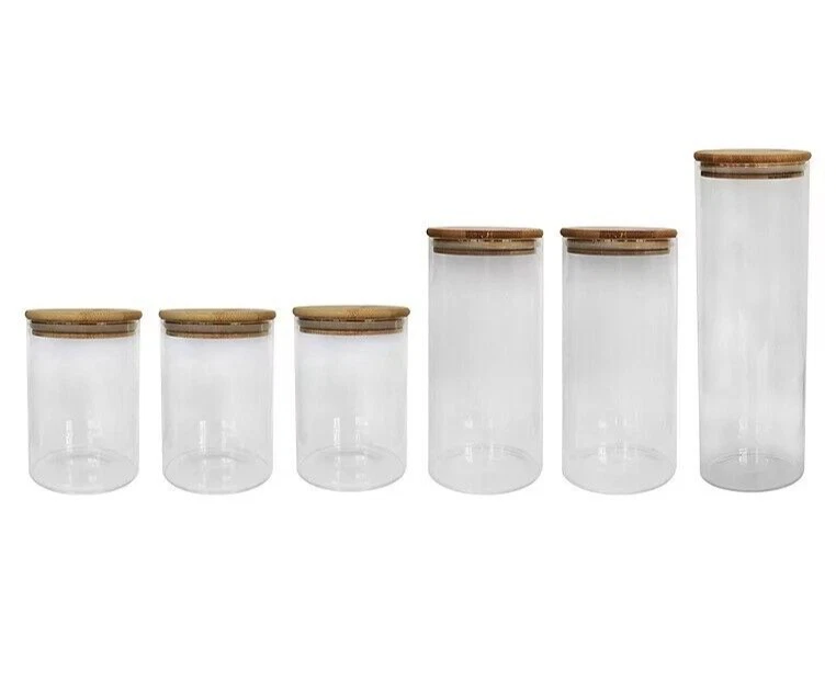 Clear Glass 6 Piece Kitchen Storage Canisters Set Wooden Lid Tea Coffee Spices