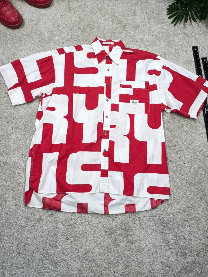 VINTAGE Perry Ellis Shirt Men Large All Over Print Button Abstract 90s Red White - Image 2 of 4