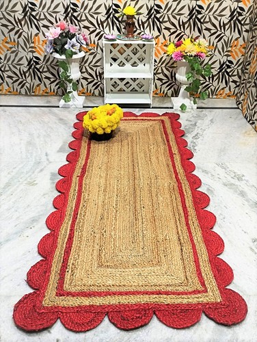 Handmade Braided Natural Pure Jute with Red Design Scalloped Rug - Picture 9 of 11