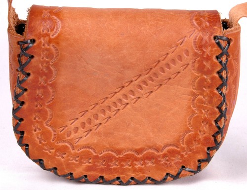 Handmade Leather Handbag Purse-Hand Tooled Floral Paint-Strap-Brown-6x5.5"-Vtg - Picture 5 of 6