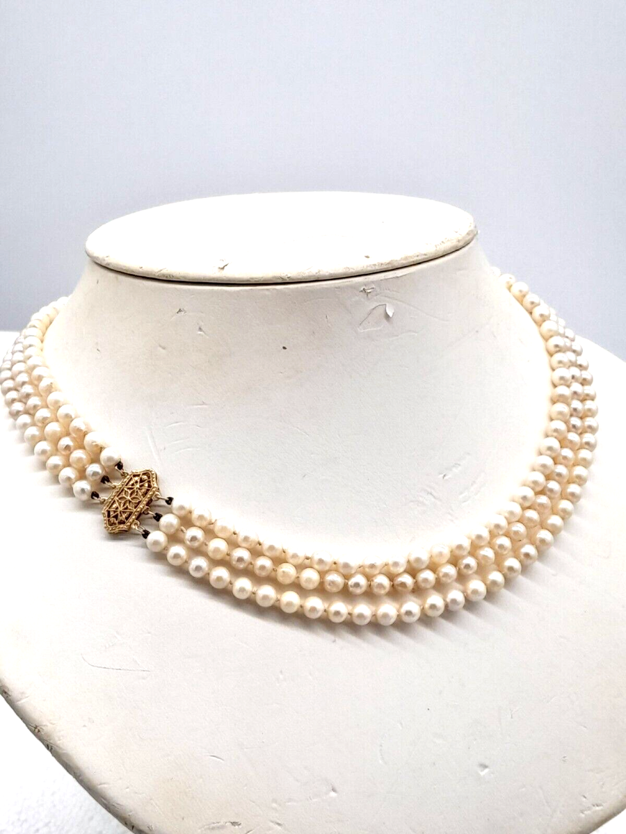 Vintage 14k gold triple strand high quality Pearl necklace