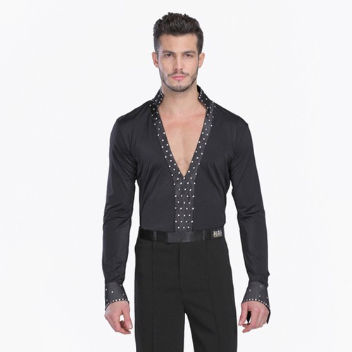 Men V Neck Dancewear Latin Tango Salsa Dance Shirt Ice Skating Leotard Tops - Picture 3 of 12