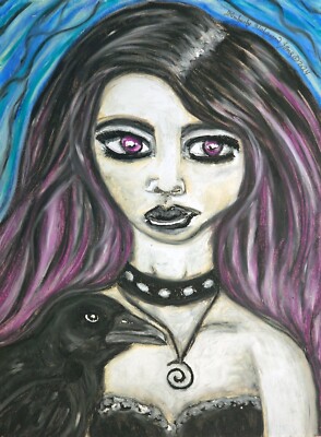 GOTH GIRL and Raven 8x10 Art Print from Painting | Gothic Woman by Artist KSams