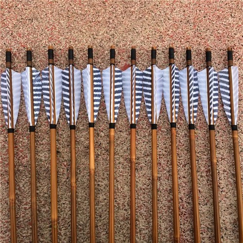 12PK China Traditional Gray Feathers Self Nock Bamboo Arrows For Longbow Arrows - Picture 8 of 13