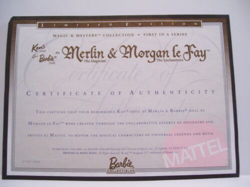 MATTEL MERLIN & MORGAN LE FAY BARBIE KEN CERTIFICATE OF AUTHENTICITY COA ONLY - Afbeelding 1 van 1