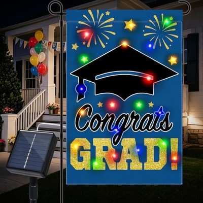 2026 Led Lighted Graduation Garden Flag, 12x18'' Diploma Cap 12 x 18'' Blue