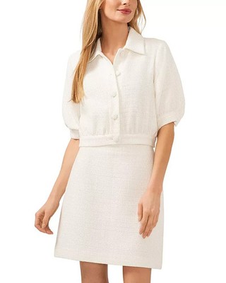 CeCe Puff Sleeve Cropped Jacket Women's 14 White Collar Elbow Sleeve Button Snap