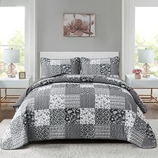 Boho Quilt Set Size,3 Pieces Plaid Floral Bedspread Coverlet King Black Grey