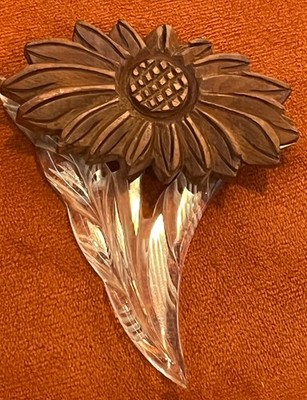 Large 1930s  Vintage Antique Wood Carved Flower & Lucite Leaf Stem Brooch Pin