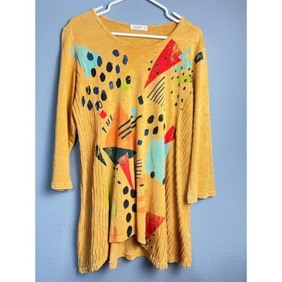 Jess & Jane Womens Mustard Yellow Abstract Geometric Cotton Tunic Top Festival M