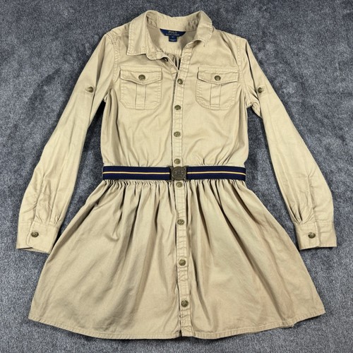 Polo Ralph Lauren Dress Girls Size 14 Khaki Button Front Belted Chino Shirtdress - Picture 2 of 12