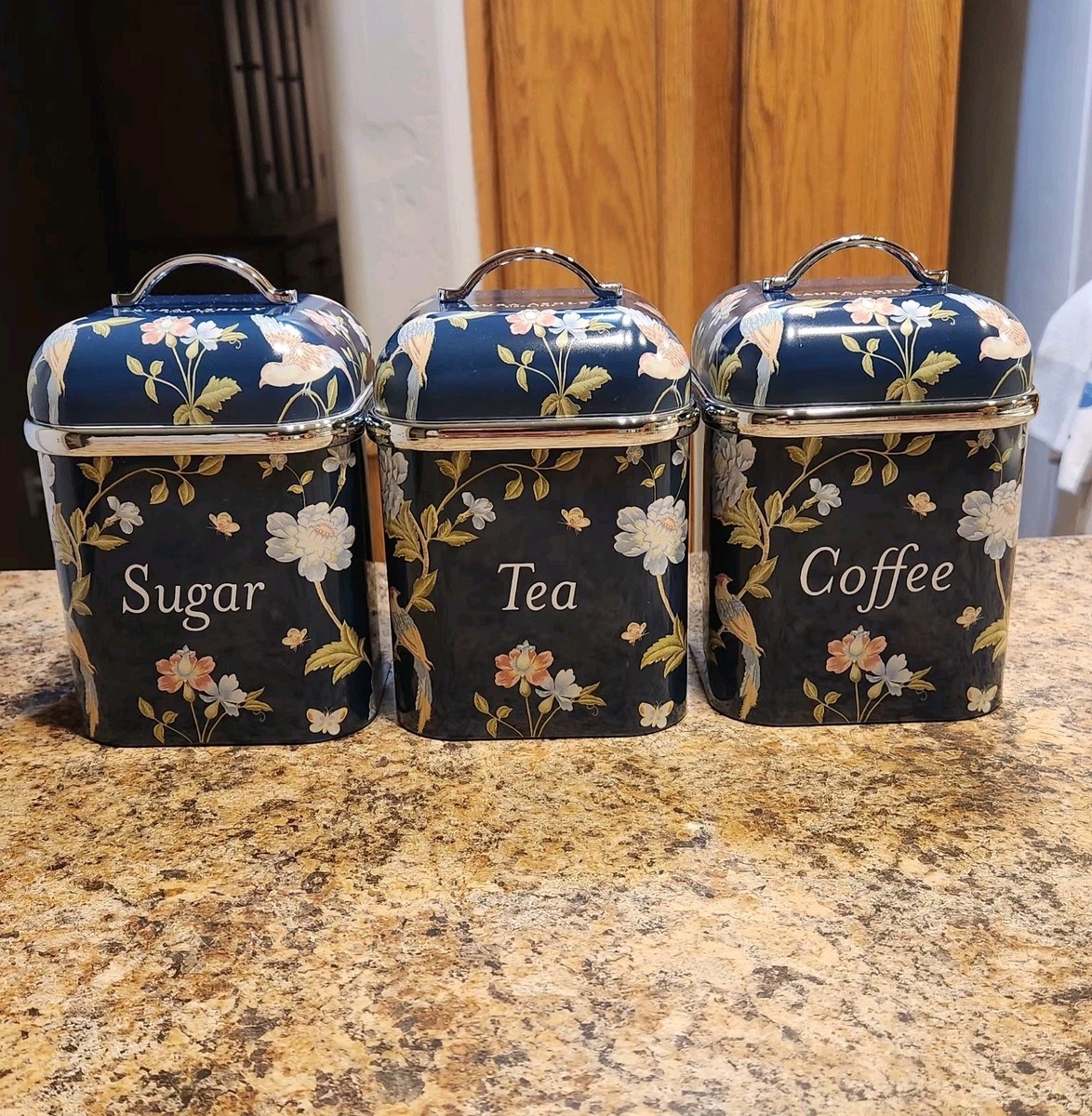 Laura Ashley Blue Floral Metal Square Coffee Tea Sugar Canister