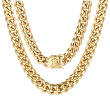 18K Yellow Gold Plated Cuban Link Chain Necklace 8mm-12mm Size 18"-24"