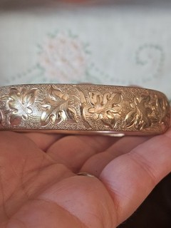 Antique Gold Filled Etched Ladies Bangle Bracelet Signed Leaf Motif