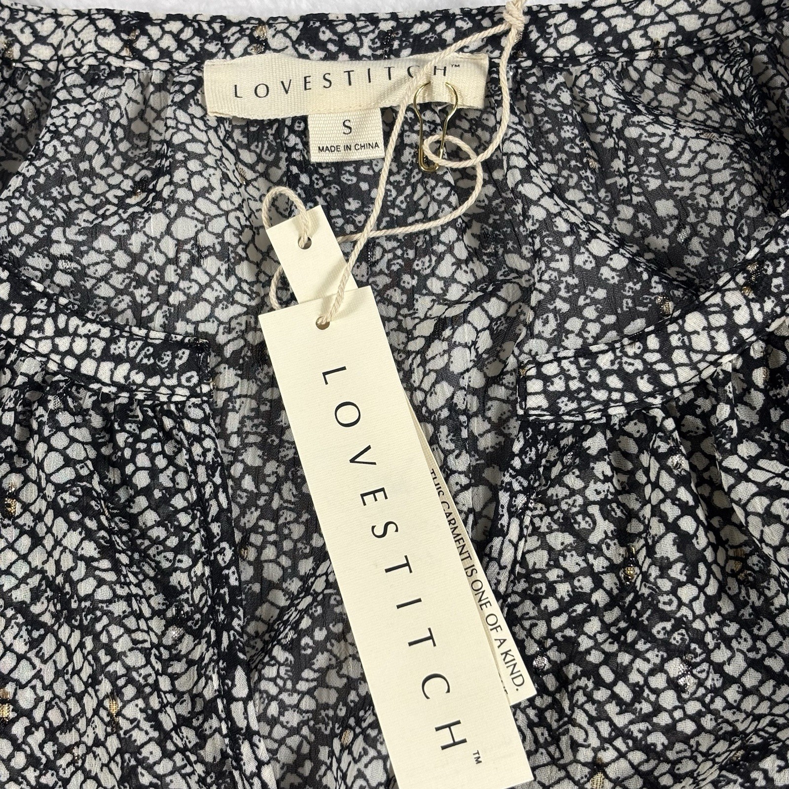 Love Stitch Women Boho Blouse S Flowy Balloon Sleeve V-Neck Sheer Black NEW