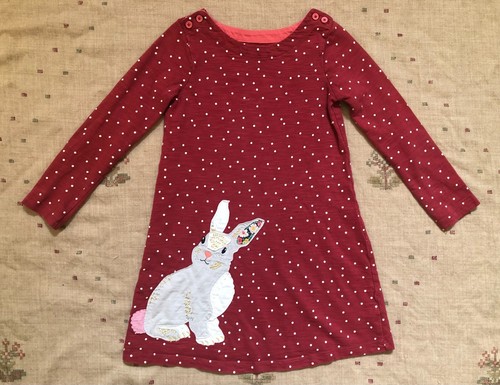 Mini Boden Cranberry Red Polka Dot Bunny Applique Dress, Size 6/7