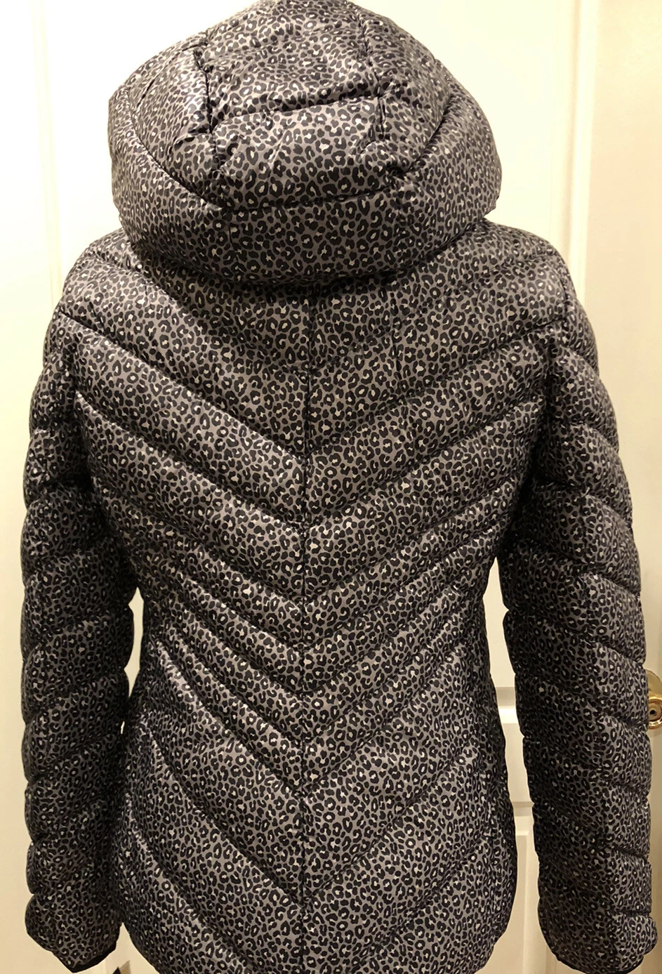 Michael Kors Giacca Cappuccio Imbottito Piumino Calcestruzzo Leopardato Combo S $190