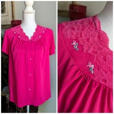 60s 70s Wms Medium Sleep Top Pink Lace Floral Embroidery Nylon Button Front 181