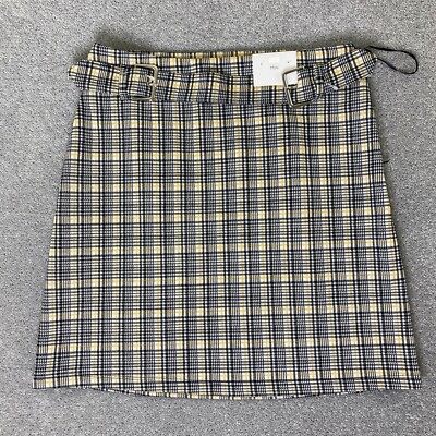 Gelb karierter karierter Damen-Minirock mit Gürtel hohe Taille Größe UK 8