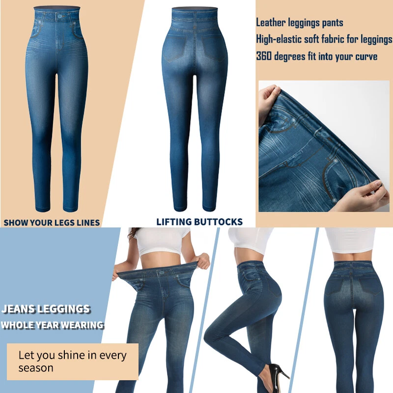 High Waist Denim Print Fake Faux Jeans Leggings Women Skinny Pants Trousers US - Image 3 of 4