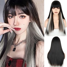 Long straight Wigs Bangs Highlight Black and White Cosplay Wigs Heat-Resistant