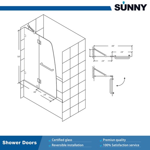 SUNNY SHOWER Frameless Pivot Shower Tub Door Clear Tempered Glass Bathtub Screen - Picture 15 of 17