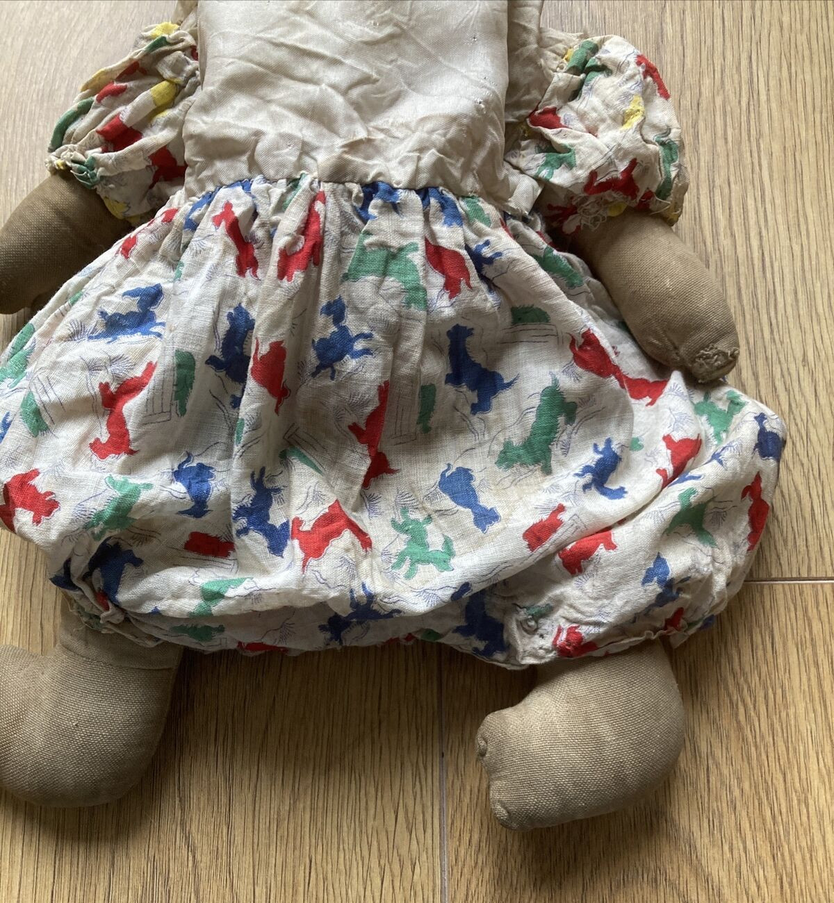 VINTAGE DOLL 1930s  with Dog Print Rompers & Floral Nappy 18