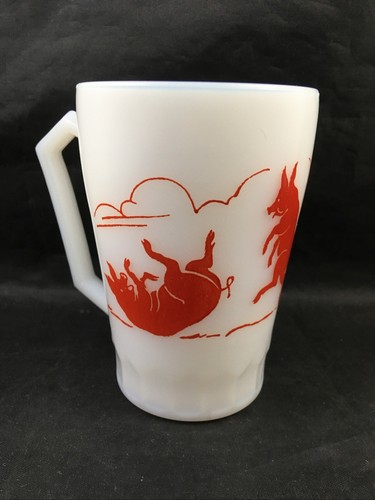 Taza de café vintage de 3,75" Three Little Pigs roja sobre blanca impresa de vidrio 3,75"