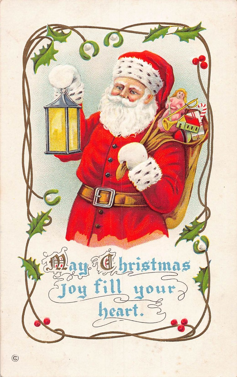 J84/ Santa Claus Christmas Postcard c1910 Lantern Toys White