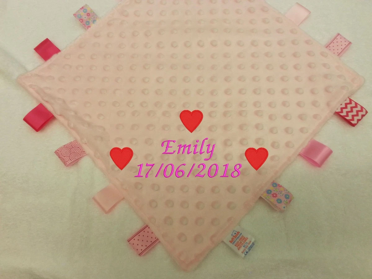 PERSONALISED EMBROIDERED BABY TAGGY TAGGIE BLANKET COMFORTER PINK BLUE NEW BORN