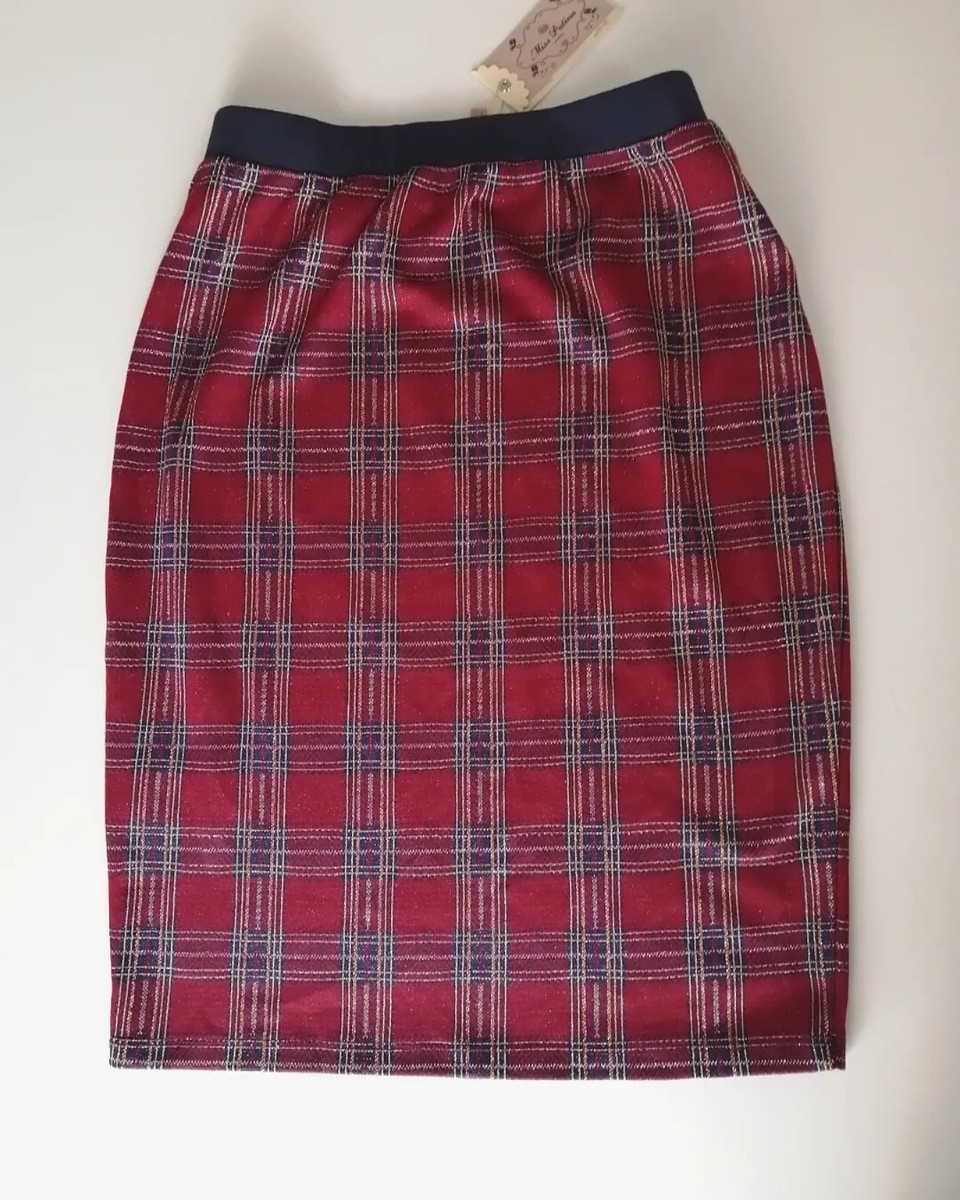 Miss Patina Set Top Skirt Dress Tartan Check Red Burgundy Navy