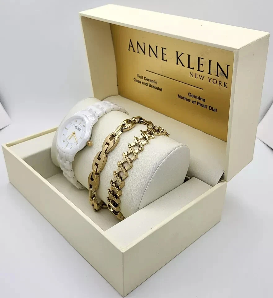 Nuevo conjunto de pulsera de cuarzo de cerámica madreperla Anne Klein para mujer $140 W14 Foto 3 de 4