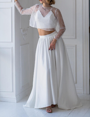 Wedding Dress Topper Jacket for Bride White Ivory Lace Pearl Long Sleeves |  eBay