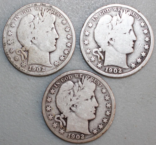 3 -1902 P O S Silver Barber Half Dollars Very Good Circulated 50c US  Type Coins