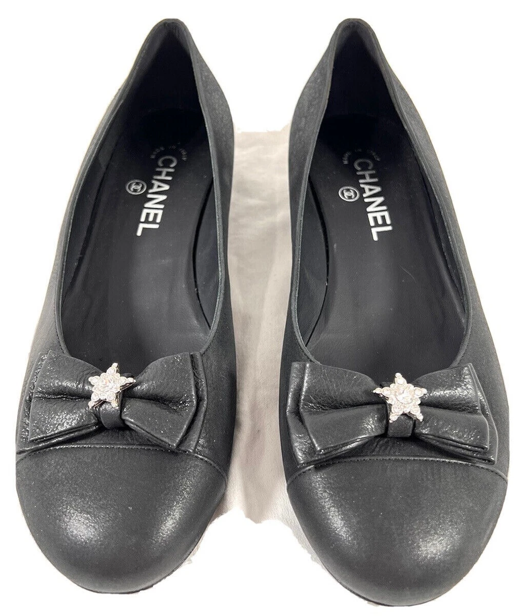 CHANEL Buffalo Glitter Leather Crystal Star Bow Ballerina Flats 39 9US